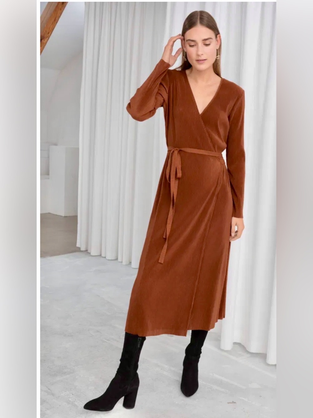 & Other Stories Plisse Brown Wrap Maxi Dress